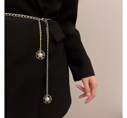Floral Pearl Belt Faux Chain