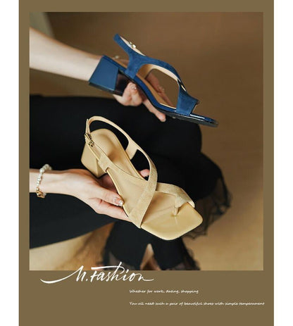 Chunky Heel Square-Toe Cross Strap Sandals