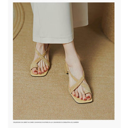 Chunky Heel Square-Toe Cross Strap Sandals