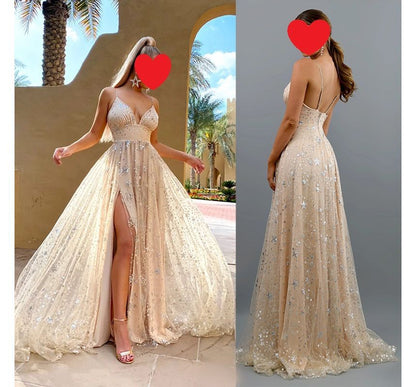 Print Gown Spaghetti-Strap A-Line Star Evening