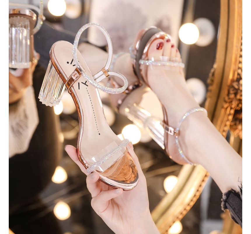 Rhinestone Ankle-Strap Chunky-Heel Sandals