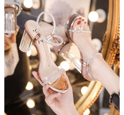 Rhinestone Ankle-Strap Chunky-Heel Sandals