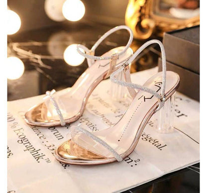 Rhinestone Ankle-Strap Chunky-Heel Sandals