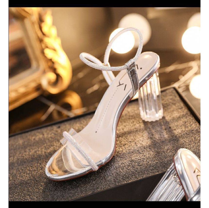 Rhinestone Ankle-Strap Chunky-Heel Sandals