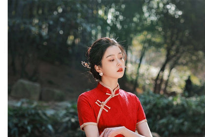 Short-Sleeve Floral Print Lace Midi Qipao