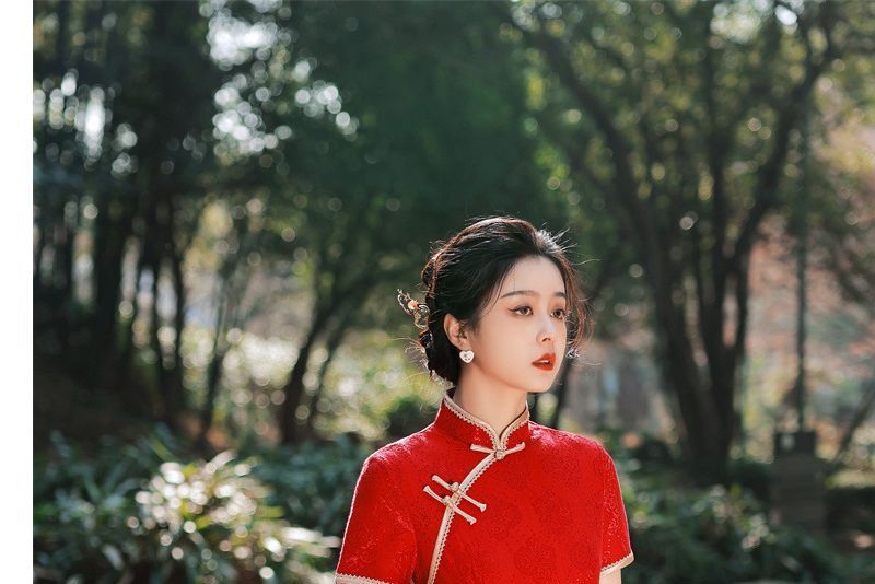 Short-Sleeve Floral Print Lace Midi Qipao