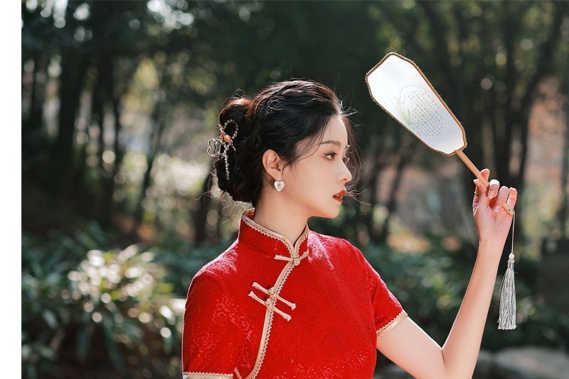 Short-Sleeve Floral Print Lace Midi Qipao