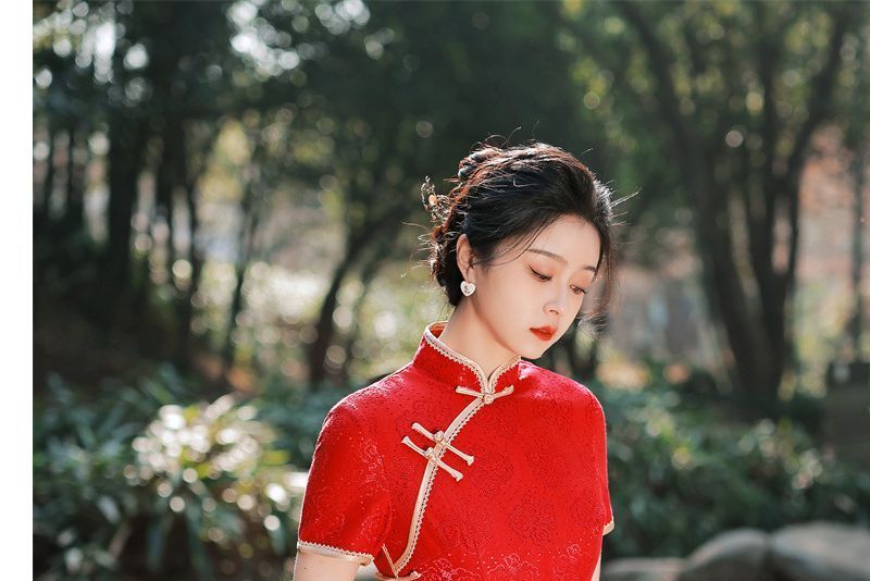 Short-Sleeve Floral Print Lace Midi Qipao