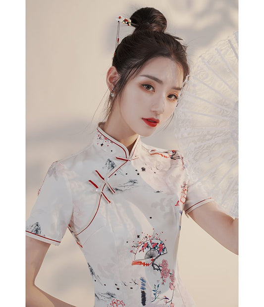 Short-Sleeve Print Mini Qipao