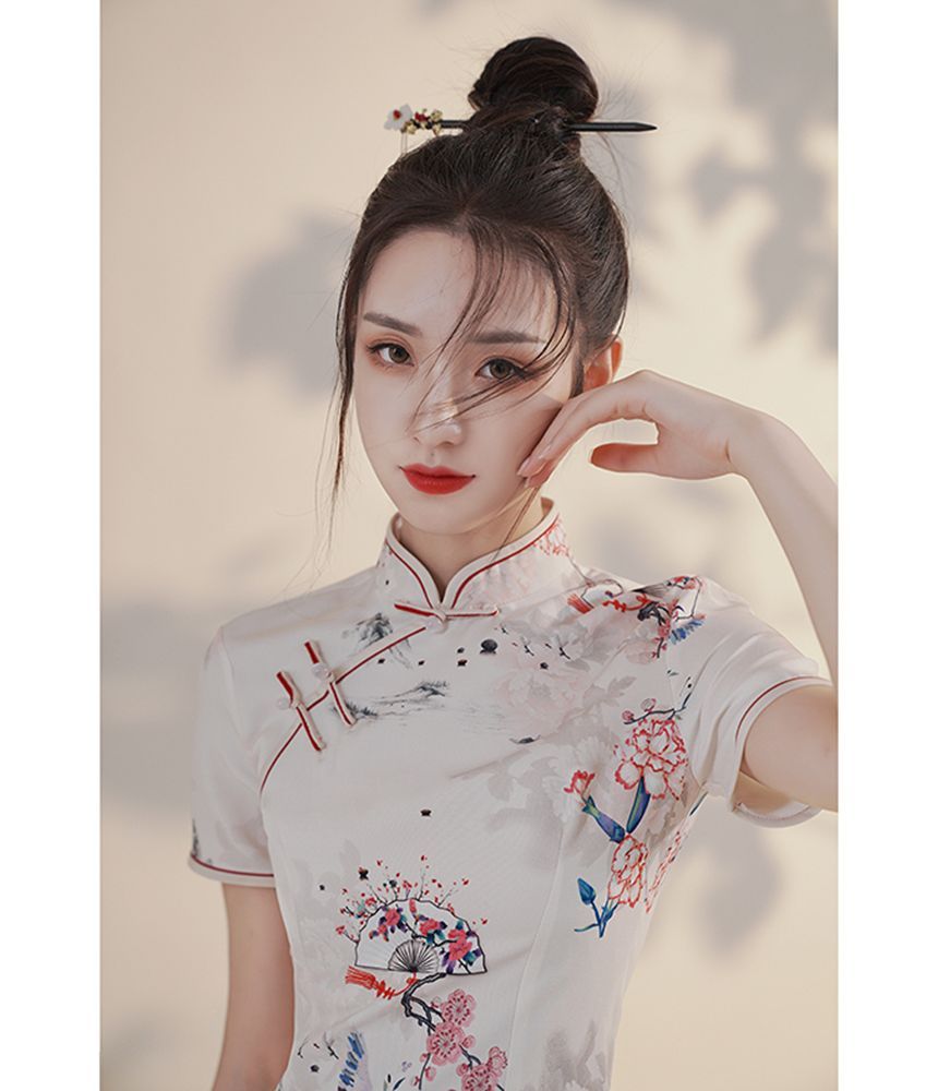 Short-Sleeve Print Mini Qipao