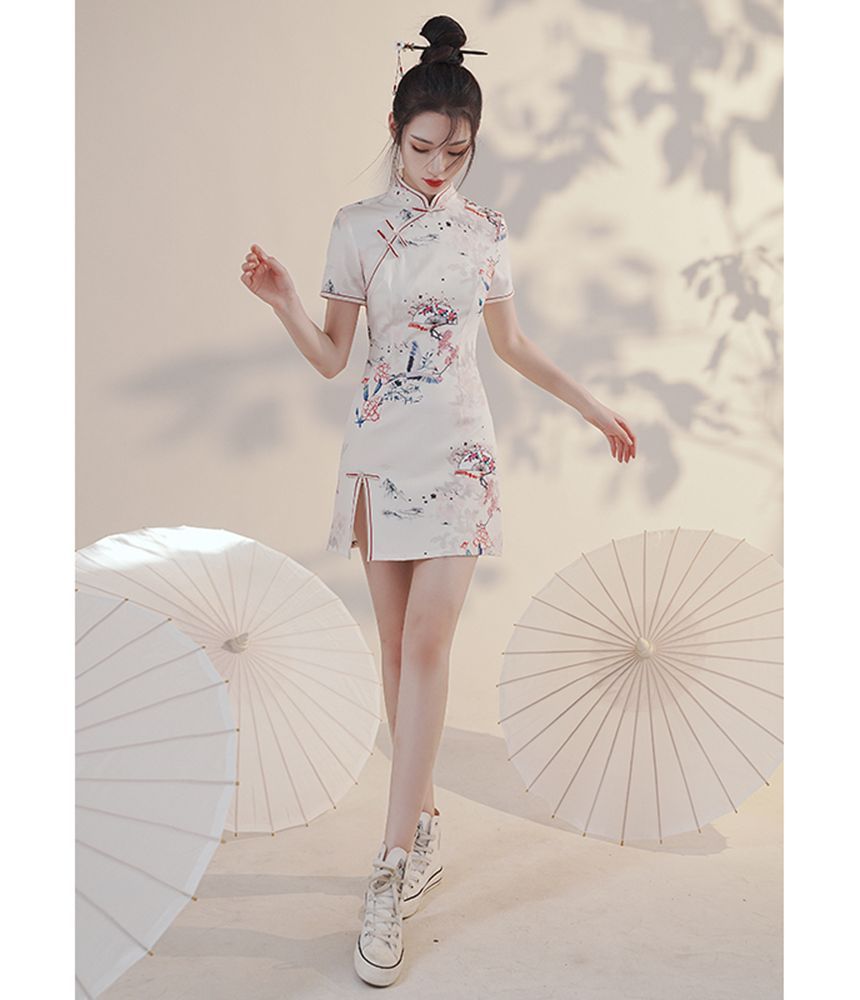 Short-Sleeve Print Mini Qipao