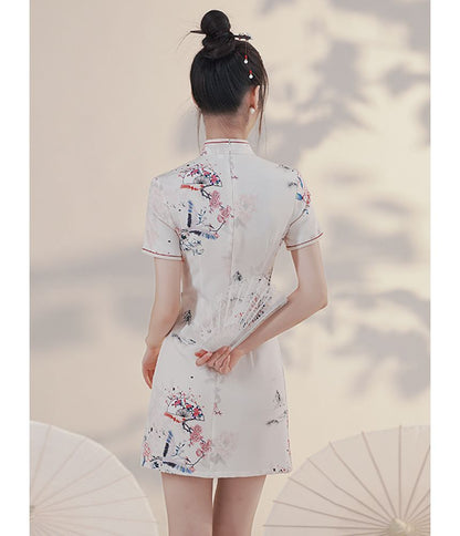 Short-Sleeve Print Mini Qipao