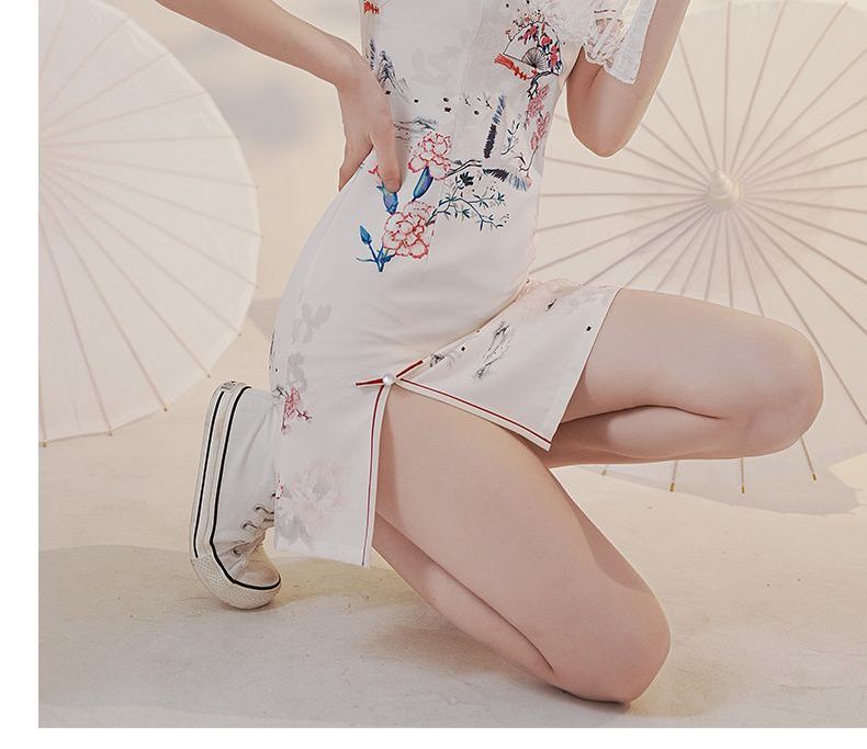 Short-Sleeve Print Mini Qipao