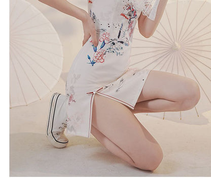 Short-Sleeve Print Mini Qipao