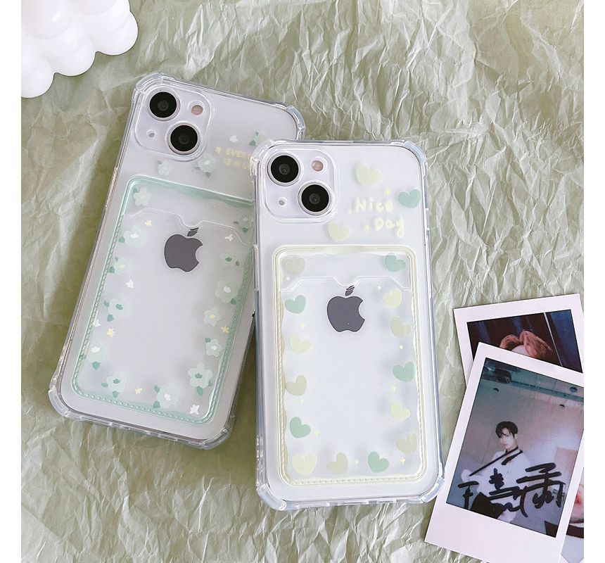 Flower / Heart Print Card Holder Transparent Phone Case