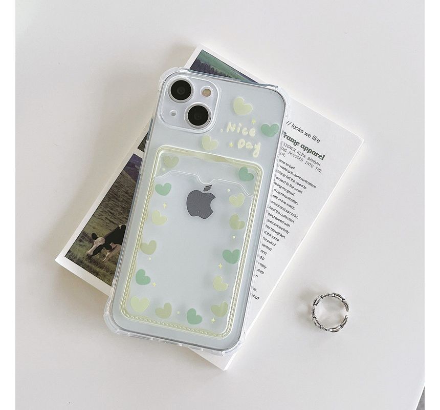 Flower / Heart Print Card Holder Transparent Phone Case