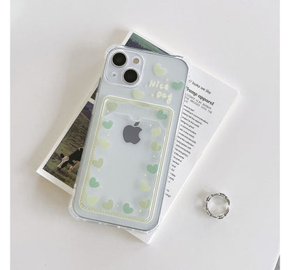 Flower / Heart Print Card Holder Transparent Phone Case