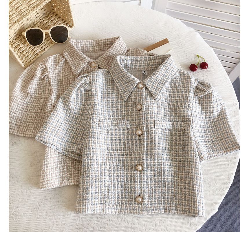 Short-Sleeve Tweed Crop Shirt