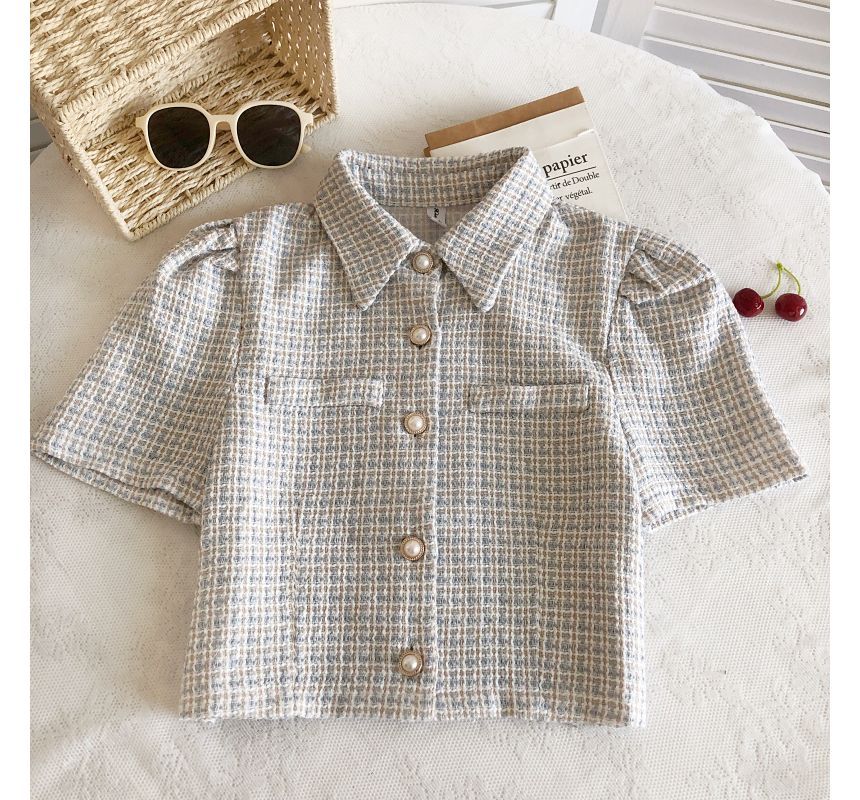 Short-Sleeve Tweed Crop Shirt