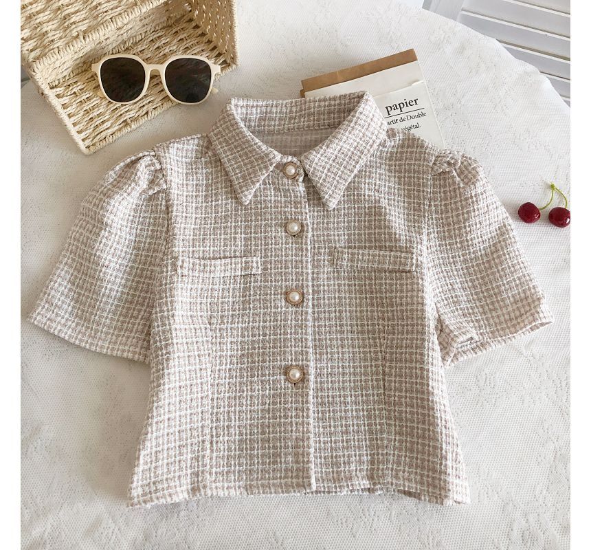 Short-Sleeve Tweed Crop Shirt