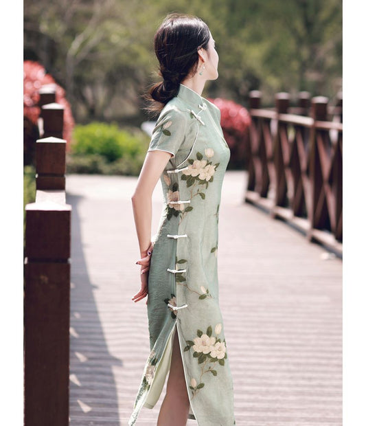 Short-Sleeve Floral Print Slit Qipao