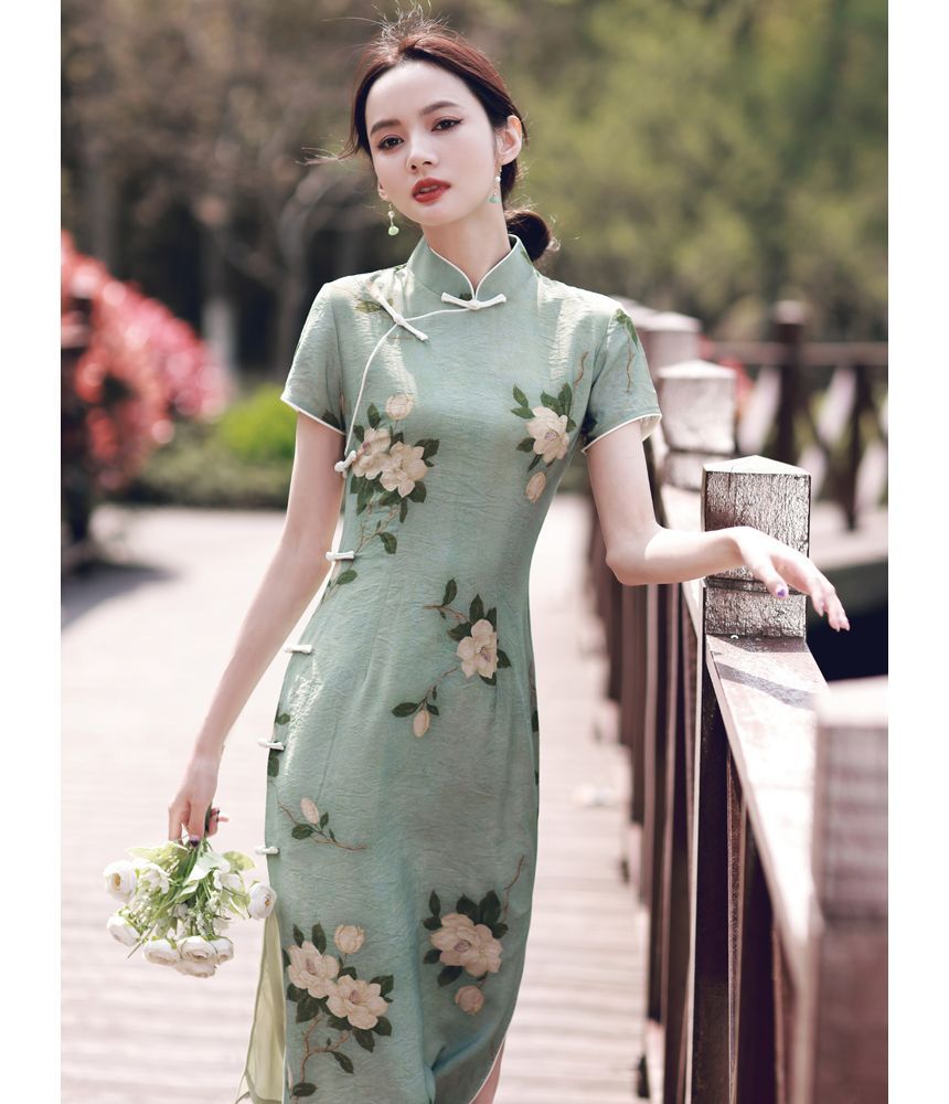 Short-Sleeve Floral Print Slit Qipao