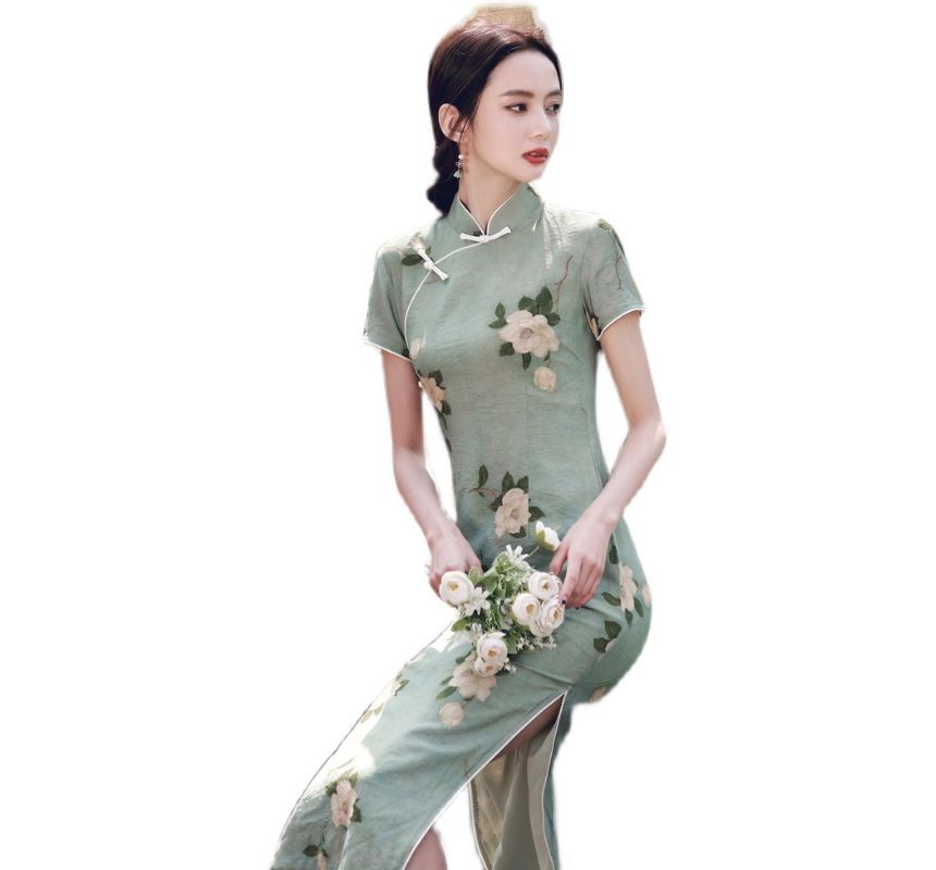 Short-Sleeve Floral Print Slit Qipao