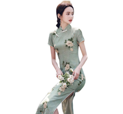 Short-Sleeve Floral Print Slit Qipao