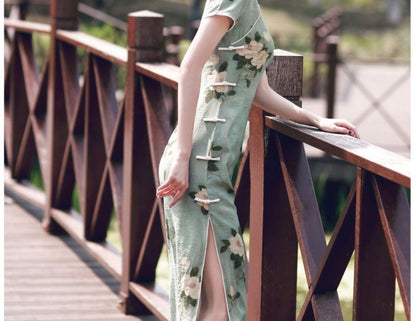 Short-Sleeve Floral Print Slit Qipao