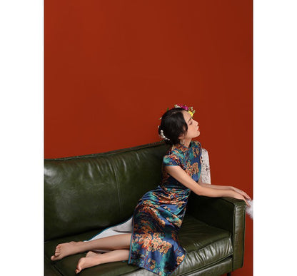 Cap-Sleeve Floral Print Midi Qipao