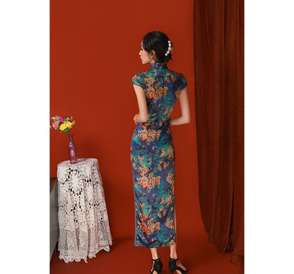 Cap-Sleeve Floral Print Midi Qipao