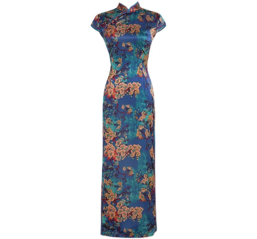 Cap-Sleeve Floral Print Midi Qipao