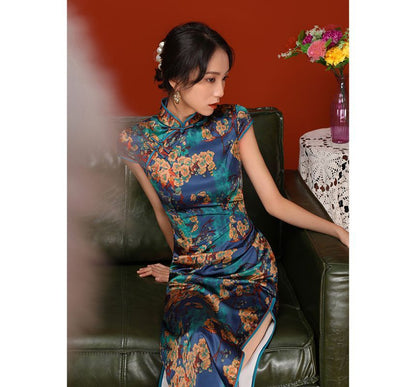 Cap-Sleeve Floral Print Midi Qipao