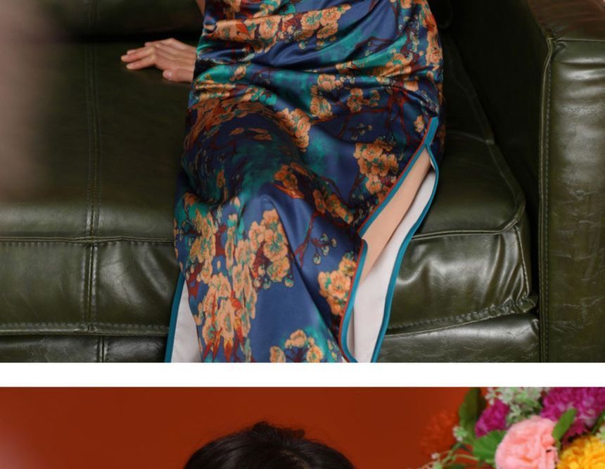 Cap-Sleeve Floral Print Midi Qipao