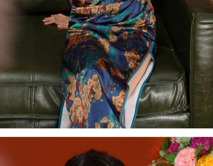 Cap-Sleeve Floral Print Midi Qipao