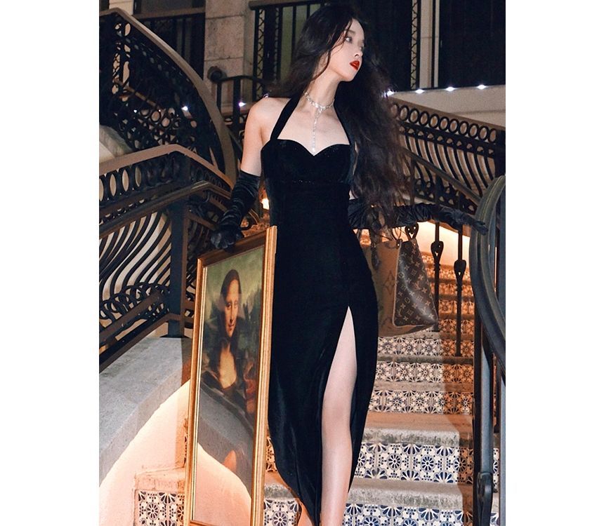 Spaghetti Strap Slit Midi Party Dress