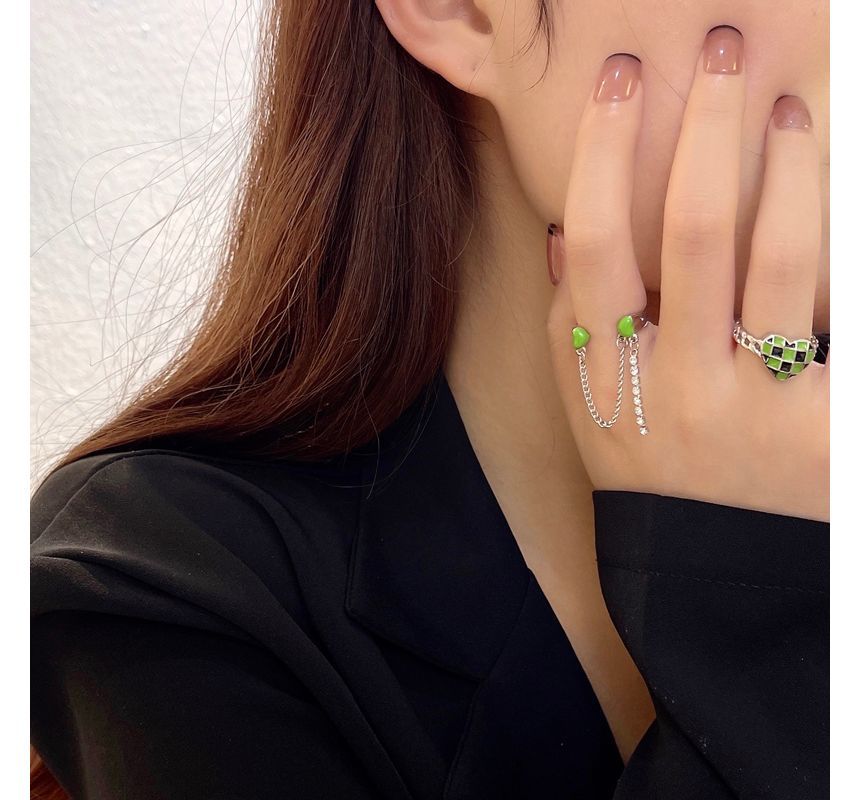 Heart Checker Chained Double Open Ring