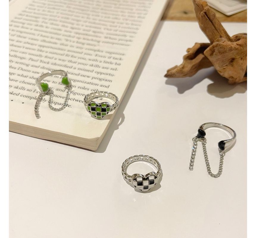 Heart Checker Chained Double Open Ring
