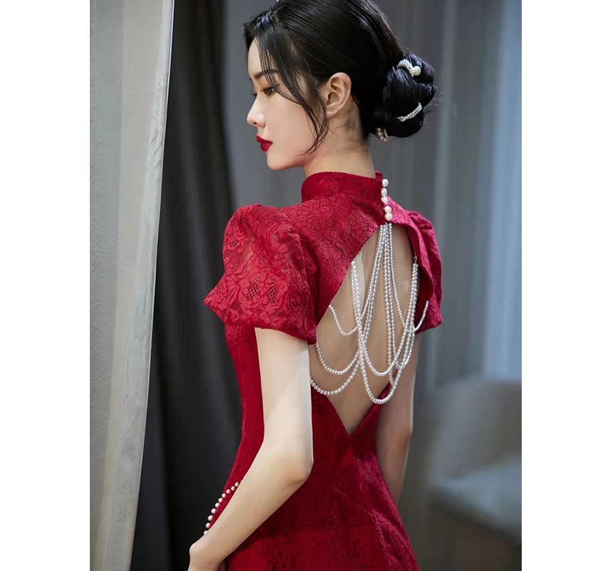 Gown Pearl Chained Puff-Sleeve Mermaid Back Faux Evening