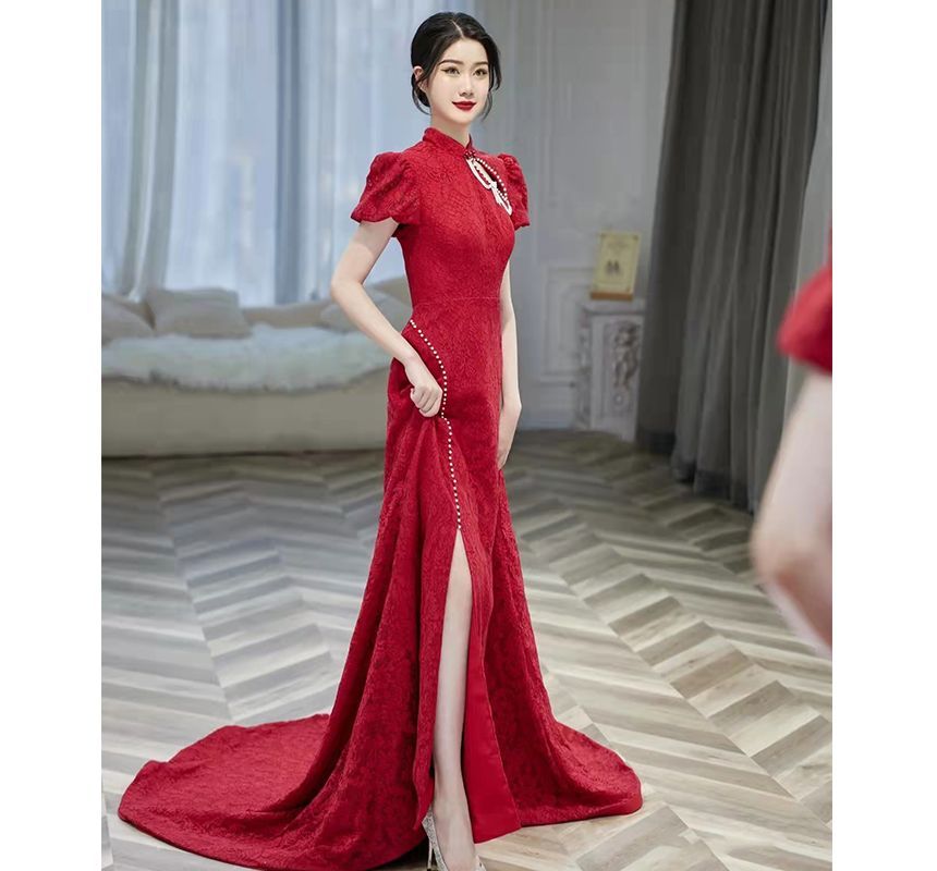 Gown Pearl Chained Puff-Sleeve Mermaid Back Faux Evening