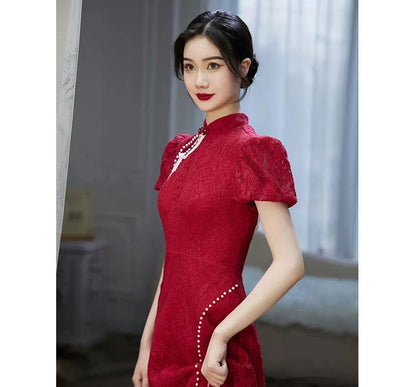 Gown Pearl Chained Puff-Sleeve Mermaid Back Faux Evening