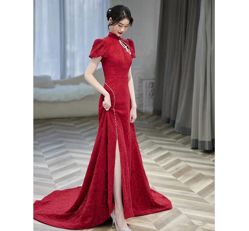 Gown Pearl Chained Puff-Sleeve Mermaid Back Faux Evening