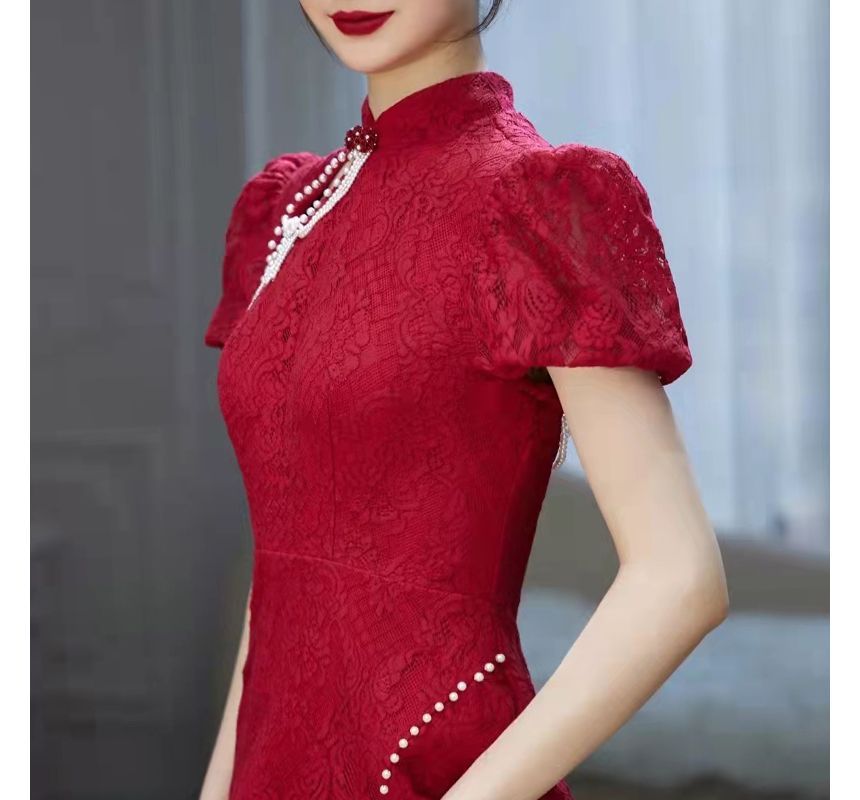 Gown Pearl Chained Puff-Sleeve Mermaid Back Faux Evening