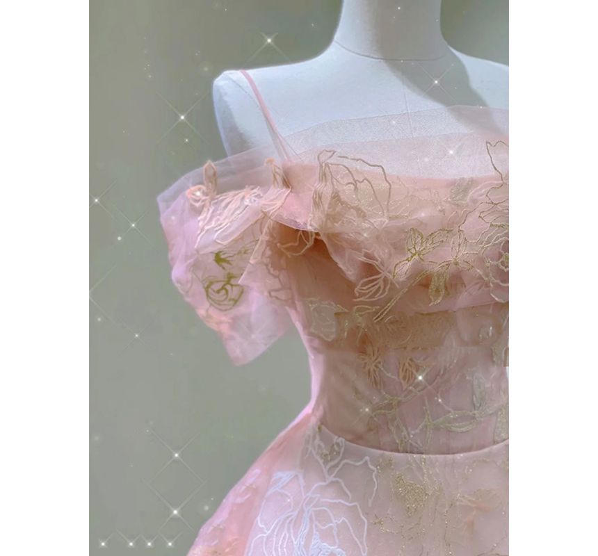 Cold-Shoulder Floral Print A-Line Evening Gown