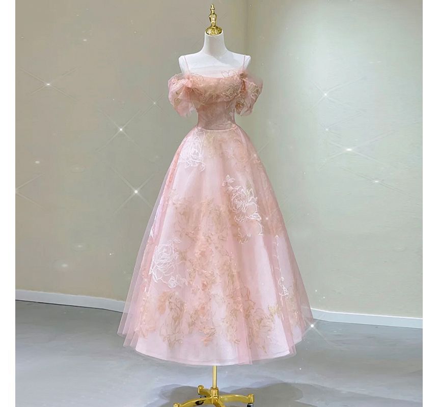 Cold-Shoulder Floral Print A-Line Evening Gown