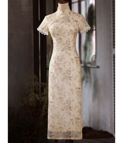 Short-Sleeve Floral Faux Pearl Midi Qipao