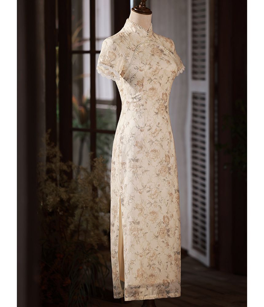 Short-Sleeve Floral Faux Pearl Midi Qipao