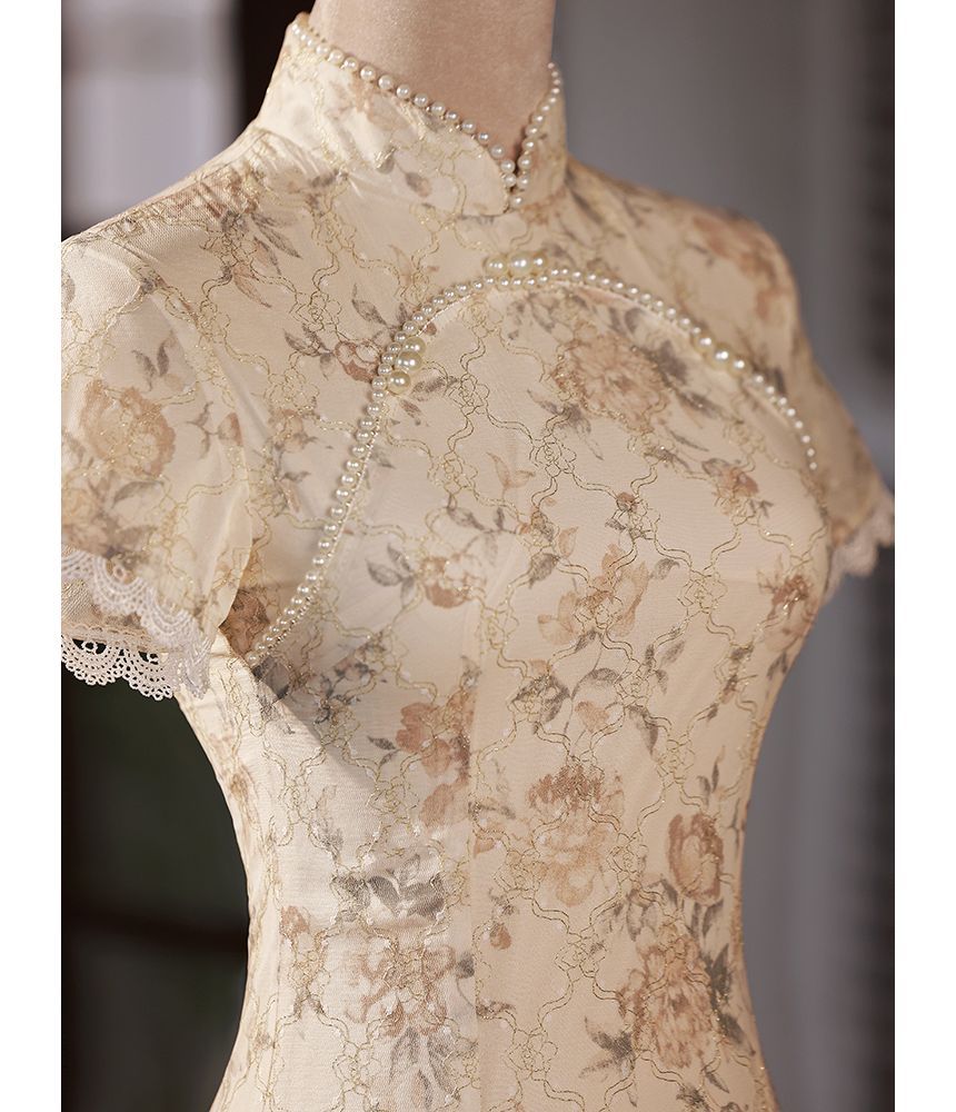 Short-Sleeve Floral Faux Pearl Midi Qipao
