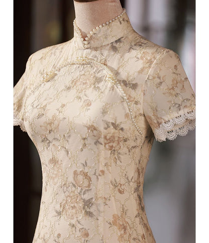 Short-Sleeve Floral Faux Pearl Midi Qipao