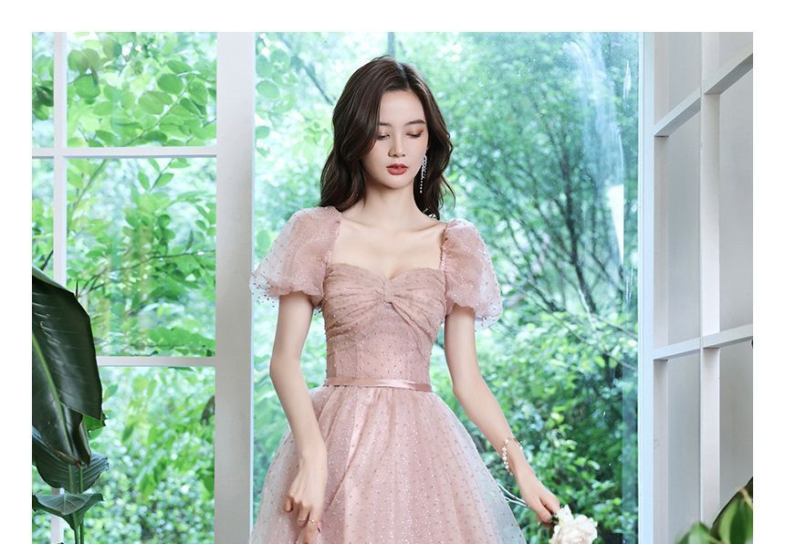 Puff-Sleeve Dotted A-Line Prom Dress